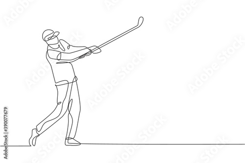 One single line drawing of young sporty golf player hit the ball using golf club vector graphic illustration. Healthy sport concept. Modern continuous line draw design for golf tournament poster