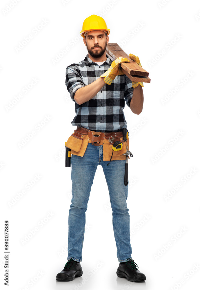 profession, construction and building - male worker or builder in helmet with boards over white background