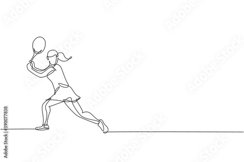 Single continuous line drawing of young agile woman tennis player try holding the ball. Sport exercise concept. Trendy one line draw design vector illustration for tennis tournament promotion media
