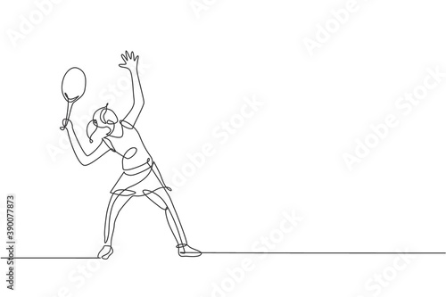 Single continuous line drawing of young agile tennis player ready to service hit the ball. Sport exercise concept. Trendy one line draw design vector illustration for tennis tournament promotion media © Simple Line