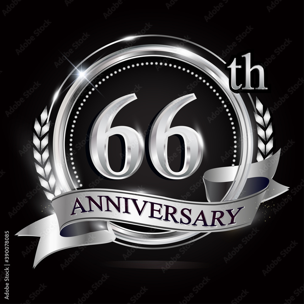 Celebrating 66th anniversary logo, with silver ring and ribbon.