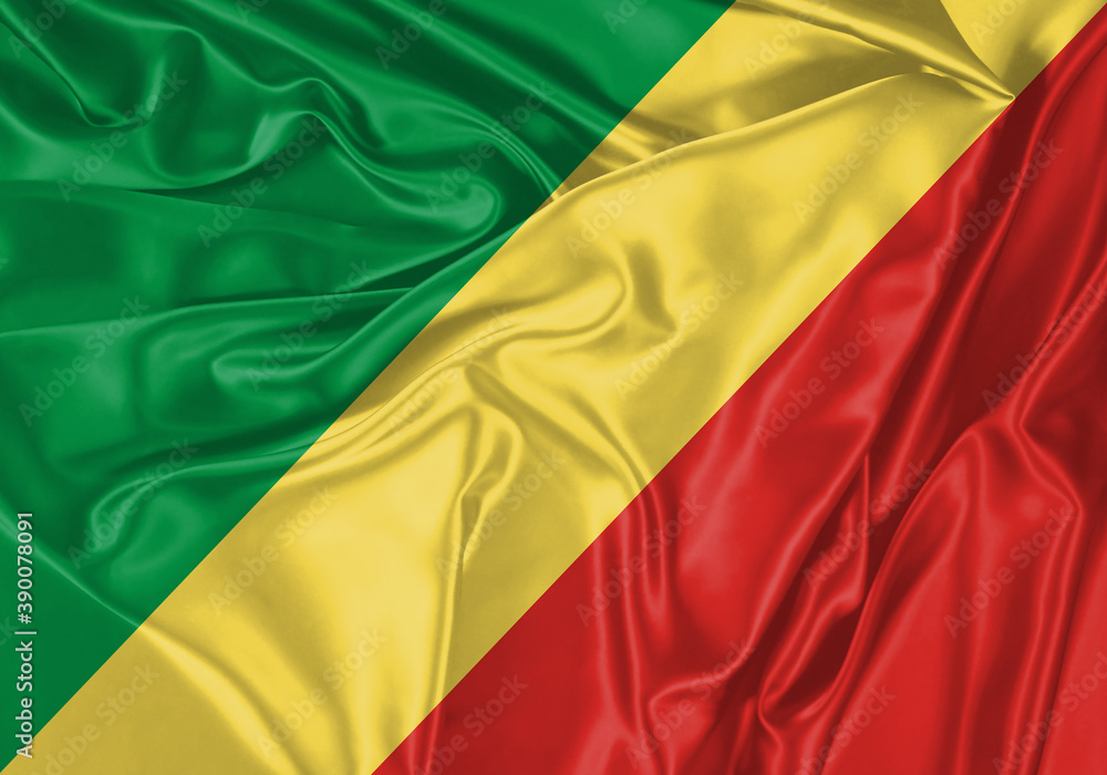 Republic Of The Congo flag waving in the wind. National flag on satin cloth surface texture. Background for international concept. Republic Of The Congo flag waving in the wind. National flag on satin cloth surface texture. Background for international concept.