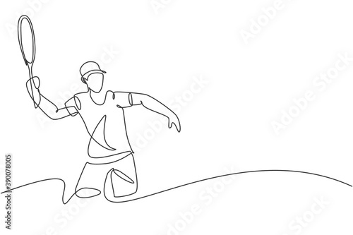 One single line drawing of young energetic male tennis player hit the ball from opponent vector illustration. Sport training concept. Modern continuous line draw design for tennis tournament banner