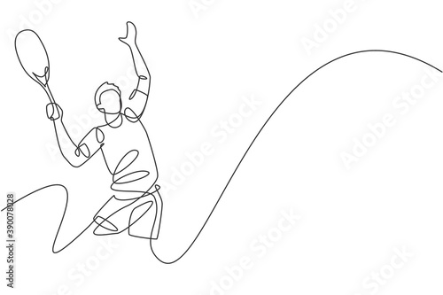 One continuous line drawing of young happy male tennis player serving the ball. Competitive sport concept. Dynamic single line draw design vector graphic illustration for tournament promotion poster