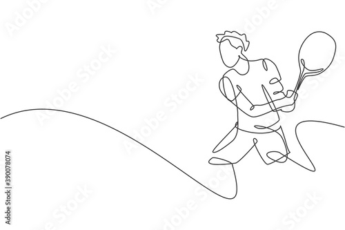 Single continuous line drawing of young agile tennis player hit the ball from opponent. Sport exercise concept. Trendy one line draw design vector illustration for tennis tournament promotion media