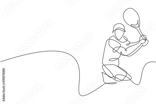 One single line drawing young energetic male tennis player hit the ball graphic vector illustration. Sport training concept. Modern continuous line draw design for tennis tournament banner and poster