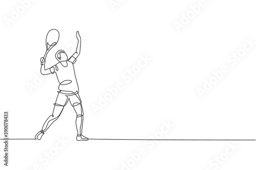 Single continuous line drawing of young agile tennis player prepare to service the ball. Sport exercise concept. Trendy one line draw design vector illustration for tennis tournament promotion media