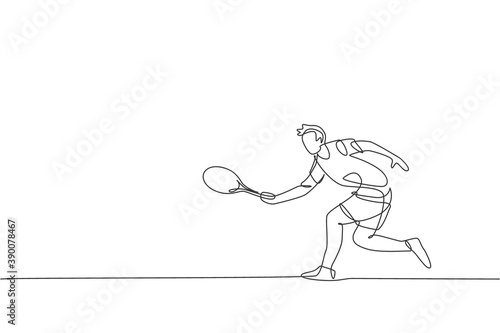 One continuous line drawing of young happy tennis player hold opponent smash hit. Competitive sport concept. Dynamic single line draw design graphic vector illustration for tournament promotion poster