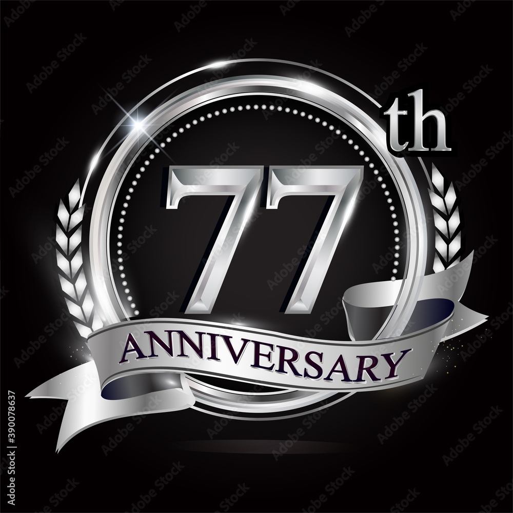 Celebrating 77th anniversary logo, with silver ring and ribbon. Celebrating 77th anniversary logo, with silver ring and ribbon.