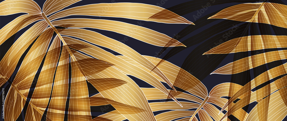 Luxury Gold palm leaves wallpaper. Tropical leaf background design for