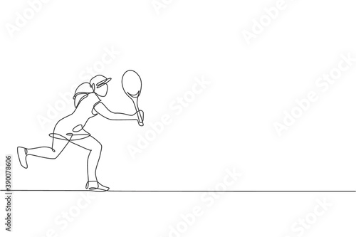 One single line drawing of young energetic tennis player hit the ball graphic vector illustration. Sport training concept. Modern continuous line draw design for tennis tournament banner and poster