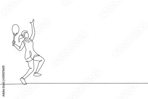 One single line drawing of young energetic female tennis player hit the ball vector illustration. Sport training concept. Modern continuous line draw design for tennis tournament banner and poster