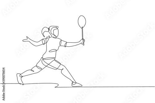One single line drawing of young energetic badminton player defense to take opponent hit vector illustration. Healthy sport concept. Modern continuous line draw design for badminton tournament poster