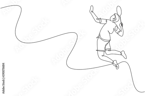 Single continuous line drawing of young agile badminton player jump hit shuttlecock. Sport training concept. Trendy one line draw design vector illustration for badminton tournament publication media