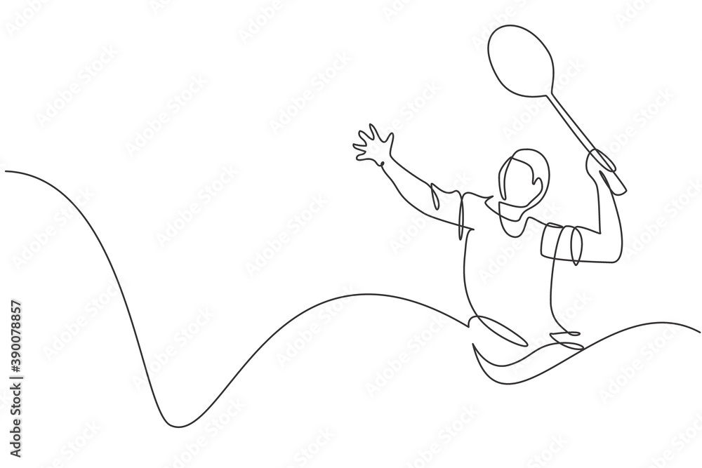 Single continuous line drawing of young agile badminton player hit shuttlecock. Competitive sport concept. Trendy one line draw design vector illustration for badminton tournament publication media Single continuous line drawing of young agile badminton player hit shuttlecock. Competitive sport concept. Trendy one line draw design vector illustration for badminton tournament publication media