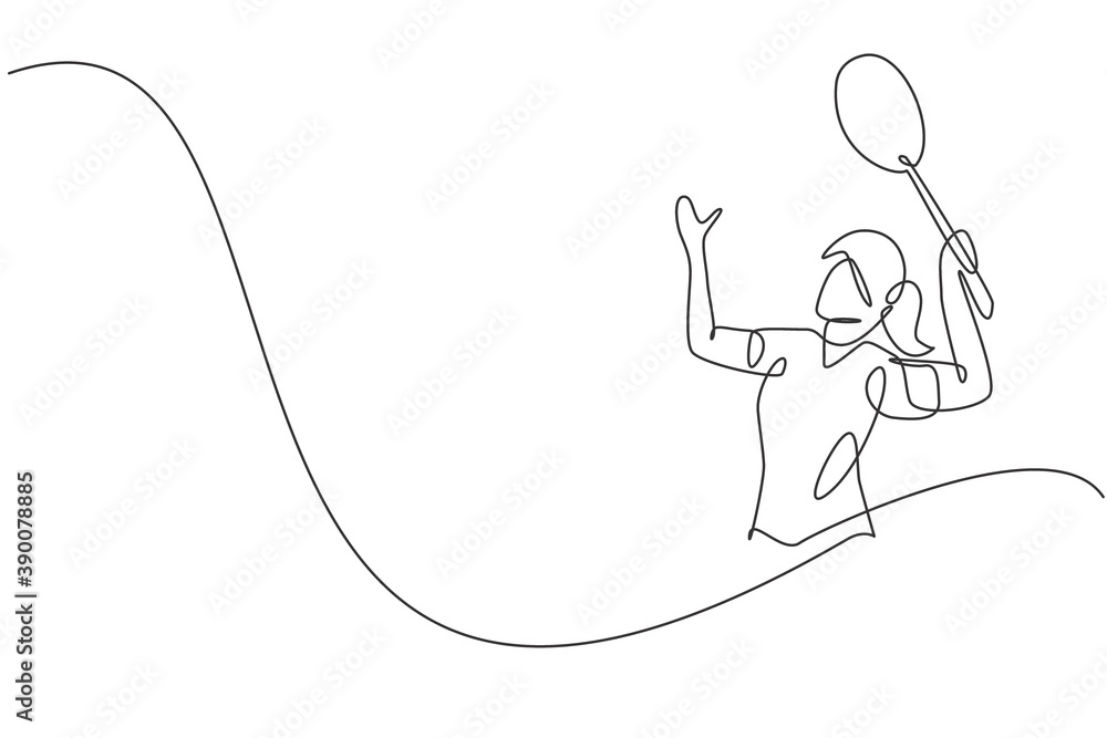 One single line drawing of young energetic badminton player jumping and smash shuttlecock vector illustration. Healthy sport concept. Modern continuous line draw design for badminton tournament poster One single line drawing of young energetic badminton player jumping and smash shuttlecock vector illustration. Healthy sport concept. Modern continuous line draw design for badminton tournament poster