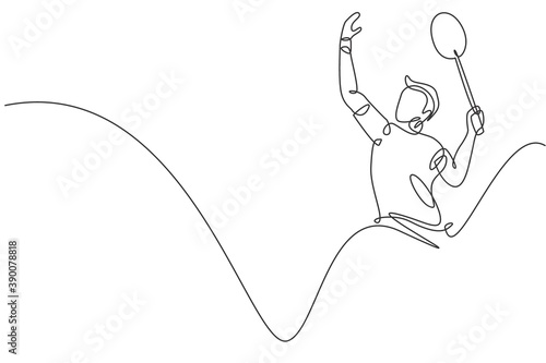 One single line drawing of young energetic man badminton player hit smashing shuttlecock vector illustration. Healthy sport concept. Modern continuous line draw design for badminton tournament poster