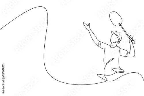 One continuous line drawing of young badminton player hit shuttlecock with racket. Competitive sport concept. Dynamic single line draw design vector illustration for tournament match promotion banner