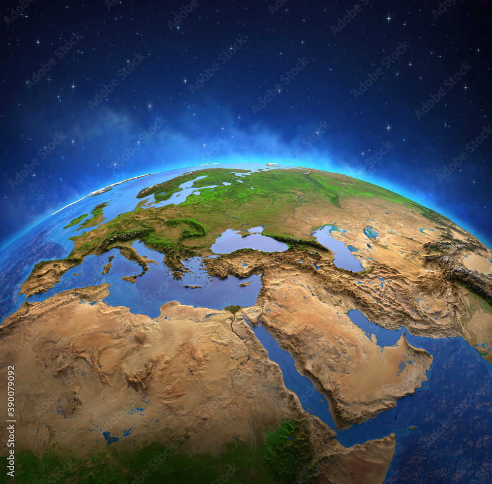 Surface of the Planet Earth viewed from a satellite, focused on Europe and Middle East. Physical map of the World. 3D illustration - Elements of this image furnished by NASA