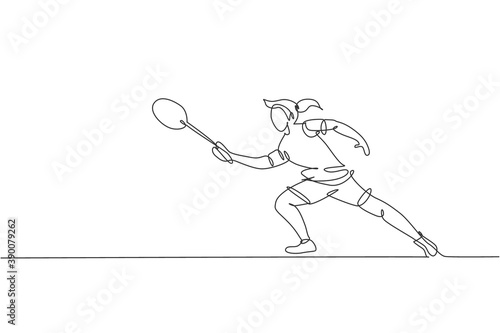 Single continuous line drawing young agile badminton player hit shuttlecock. Sport exercise concept. Trendy one line draw design vector illustration graphic for badminton tournament publication media