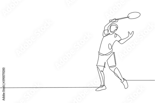 One continuous line drawing of young badminton player defense to take opponent hit with racket. Competitive sport concept. Dynamic single line draw design vector illustration for tournament poster