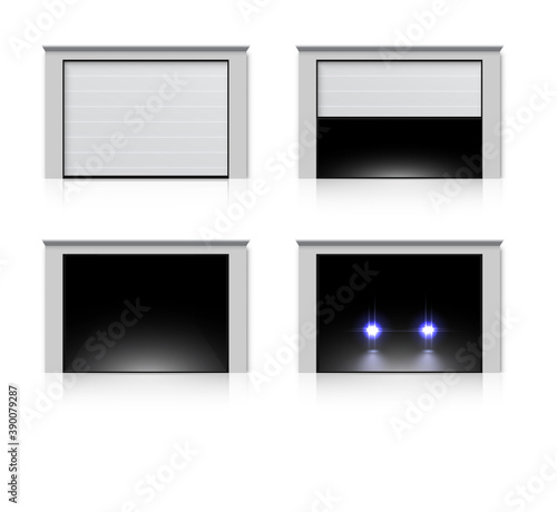 Modern garage house door set. Realistic entrance gate to room, home, parking space. Closed, opening, open front automatic door vector illustration. Car with lights inside