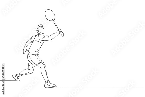 One continuous line drawing of young badminton player hit shuttlecock with racket. Competitive sport concept. Dynamic single line draw design vector illustration for tournament match promotion poster