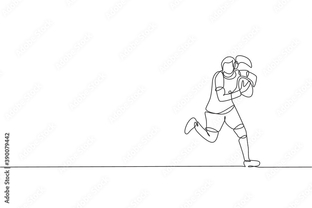 Single continuous line drawing young agile female rugby player holding the ball. Competitive sport concept. Trendy one line draw graphic design vector illustration for rugby tournament promotion media Single continuous line drawing young agile female rugby player holding the ball. Competitive sport concept. Trendy one line draw graphic design vector illustration for rugby tournament promotion media