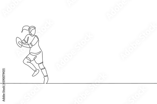 One single line drawing of young energetic rugby player holding the ball and avoid opponent vector illustration. Healthy sport concept. Modern continuous line draw design for rugby tournament poster