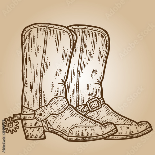 Cowboy boots. Engraving sketch scratch board imitation. Sepia hand drawn image.