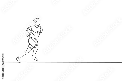 One single line drawing of young energetic rugby player running and holding the ball vector graphic illustration. Healthy sport concept. Modern continuous line draw design for rugby tournament banner