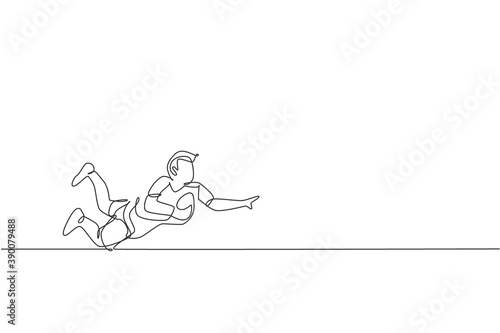Single continuous line drawing of young agile rugby player jumping to catch the ball. Competitive sport concept. Trendy one line draw design vector illustration for rugby tournament promotion media
