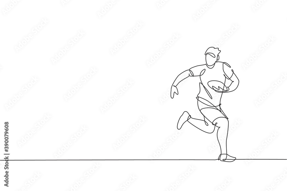 Single continuous line drawing of young agile rugby player running and holding the ball. Competitive sport concept. Trendy one line draw design vector illustration for rugby tournament promotion media