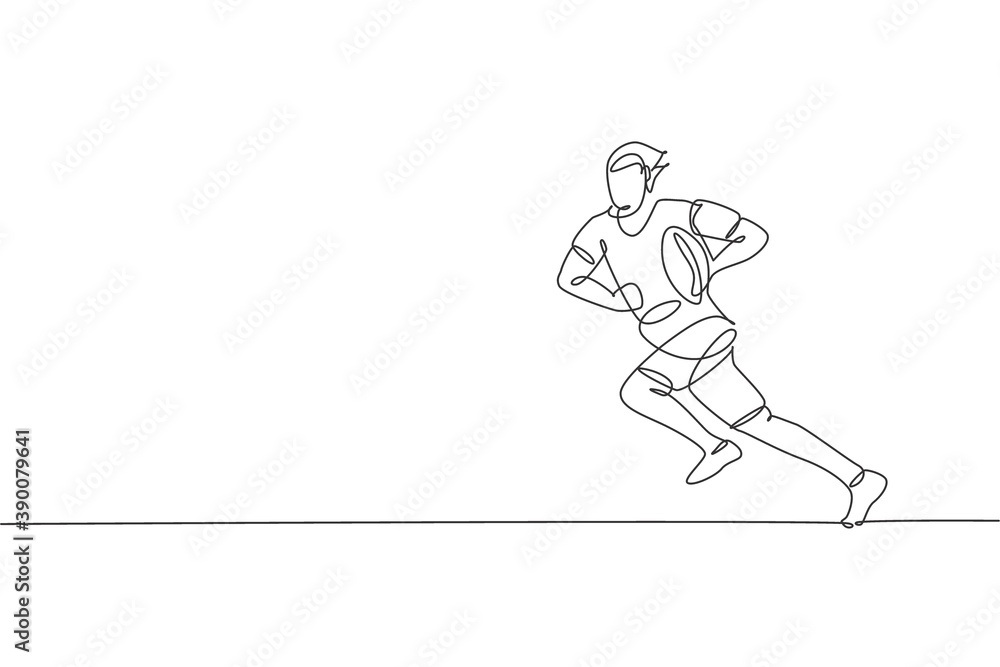 One single line drawing of young energetic male rugby player running and holding the  ball vector illustration. Healthy sport concept. Modern continuous line draw design for rugby tournament banner