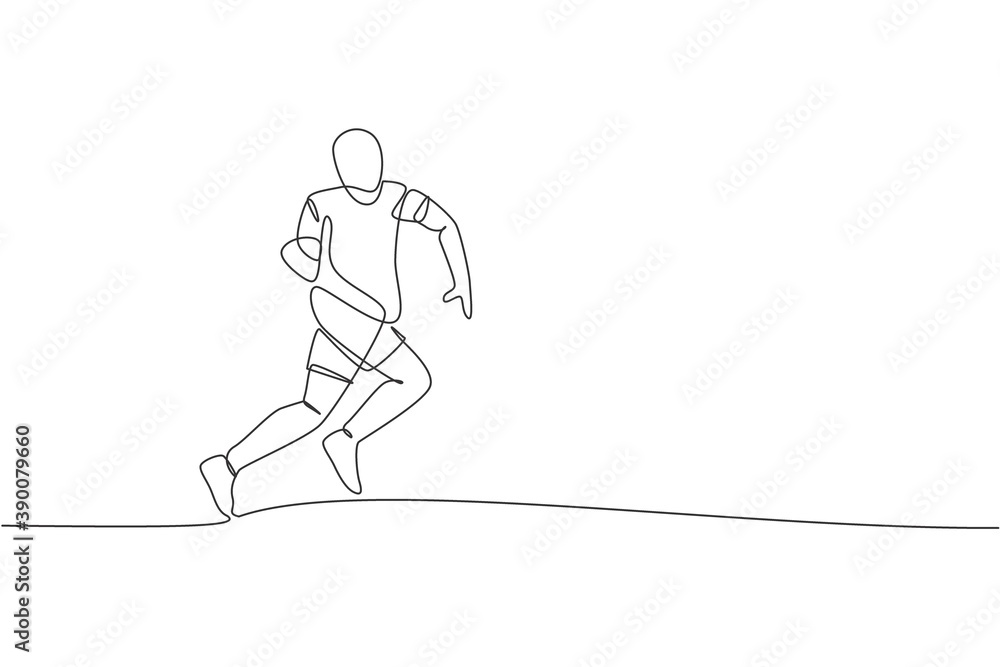 Single continuous line drawing of young agile rugby player running to catch the ball. Competitive sport concept. Trendy one line draw design vector illustration for rugby tournament promotion media