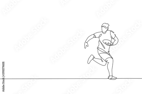 Single continuous line drawing of young agile rugby player running and holding the ball. Competitive sport concept. Trendy one line draw design vector illustration for rugby tournament promotion media
