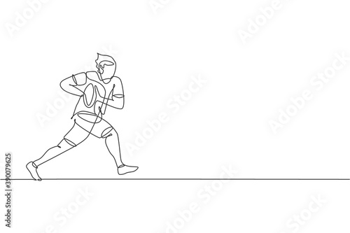 One continuous line drawing of young man rugby player training and exercising. Competitive aggressive sport concept. Dynamic single line draw design vector illustration for tournament promotion poster