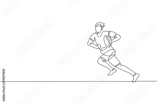 One single line drawing of young energetic male rugby player running and holding the  ball vector illustration. Healthy sport concept. Modern continuous line draw design for rugby tournament banner