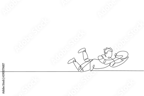 Single continuous line drawing of young agile rugby player jump flying to catch ball. Competitive sport concept. Trendy one line draw design vector illustration for rugby tournament promotion media