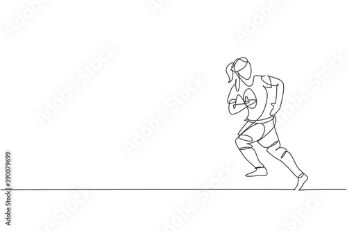 One single line drawing of young energetic rugby player running and holding the ball vector illustration. Healthy sport concept. Modern continuous line draw design for basketball tournament poster