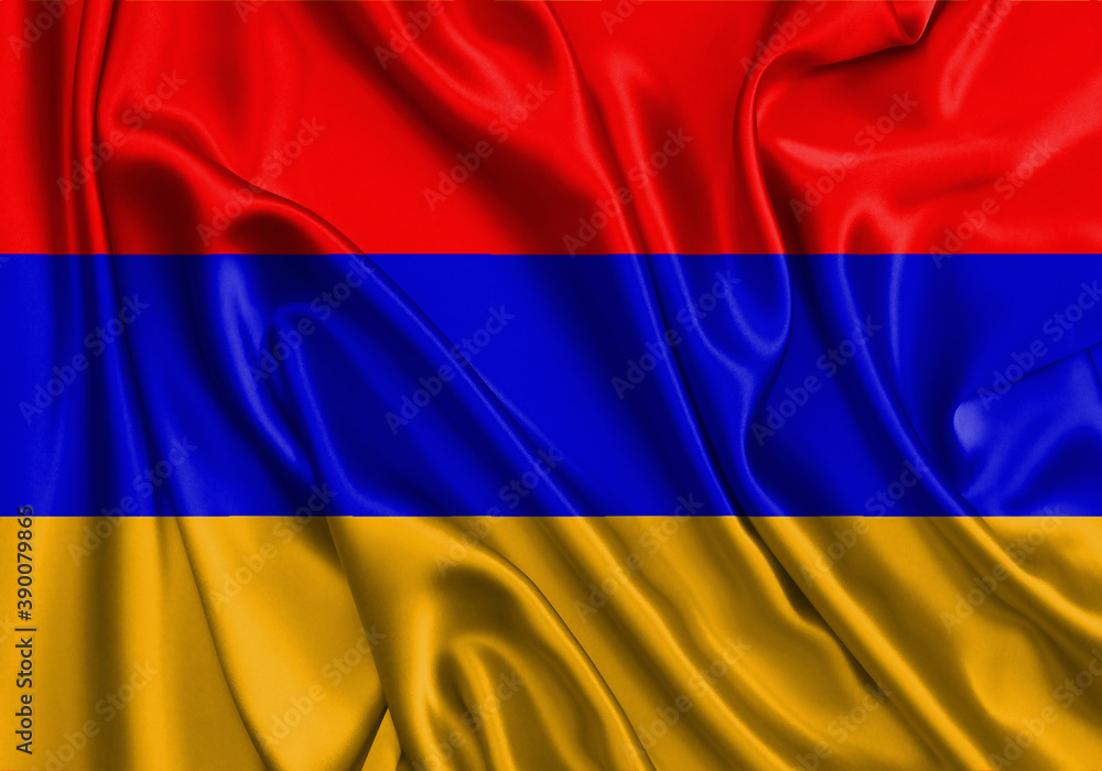 Naklejka premium Armenia , national flag on fabric texture. International relationship.