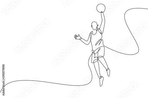 One continuous line drawing of young basketball player jumping to shot the ball. Team sport concept. Dynamic single line draw design vector illustration for college basket ball team recruitment poster