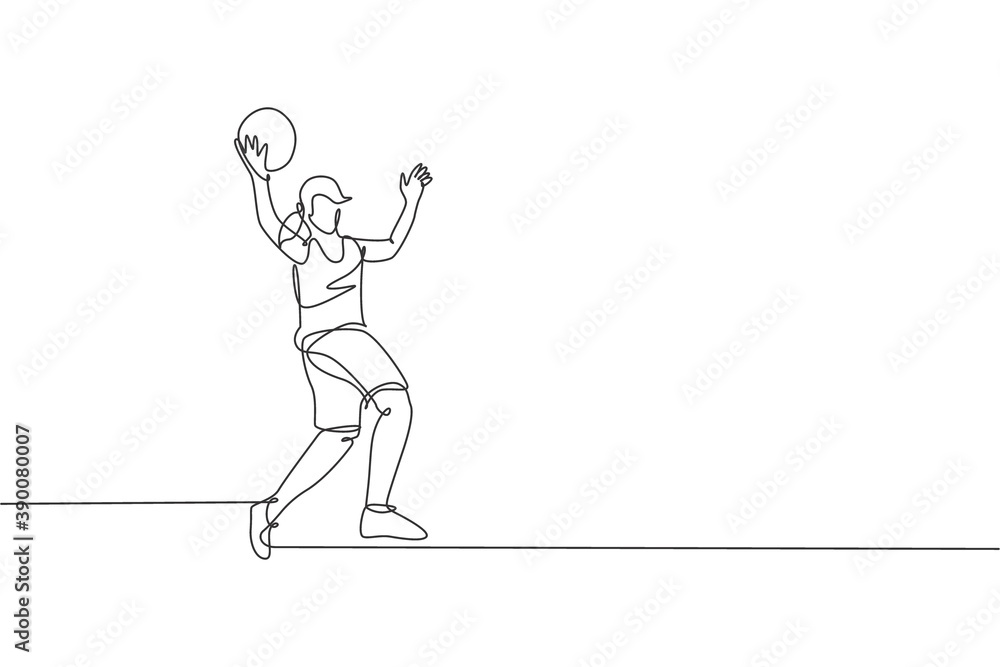 One continuous line drawing young basketball woman player catch the ball. Competitive teamwork sport concept. Dynamic single line draw design graphic vector illustration for tournament promotion media One continuous line drawing young basketball woman player catch the ball. Competitive teamwork sport concept. Dynamic single line draw design graphic vector illustration for tournament promotion media