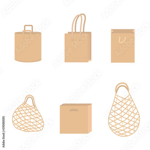 Eco shopping paper empty bag flat illustration. Zero waste, less is more, plastic free, bio market, recycle concept. Vector stock illustration isolated on white background for print.