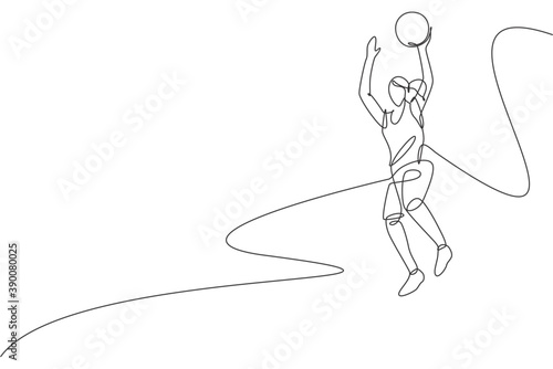 Single continuous line drawing of young healthy basketball female player jumping. Competitive sport concept. Trendy one line draw design vector illustration for basketball tournament promotion media