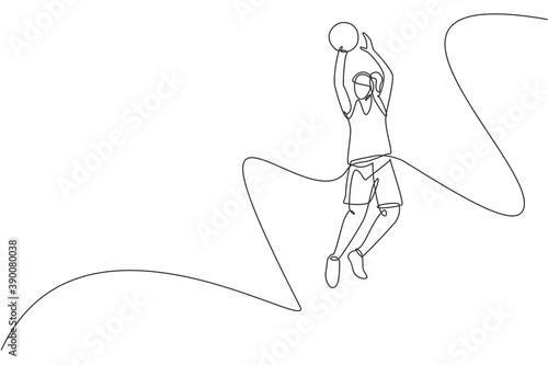 One single line drawing of young energetic basketball player jumping and shooting ball vector illustration. Healthy sport concept. Modern continuous line draw design for basketball tournament banner