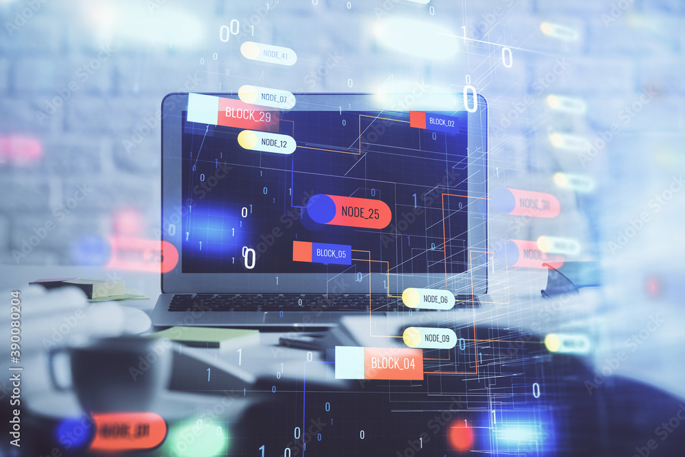 Multi exposure of desktop computer and technology theme hologram. Concept of software development. Multi exposure of desktop computer and technology theme hologram. Concept of software development.
