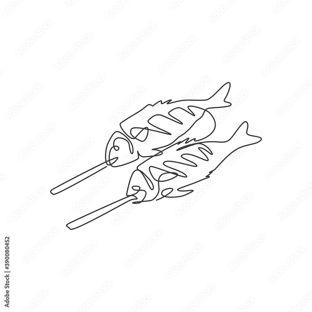 One continuous line drawing of fresh delicious baked carp fish restaurant logo emblem. Grilled seafood cafe shop logotype template concept. Modern single line draw design graphic vector illustration One continuous line drawing of fresh delicious baked carp fish restaurant logo emblem. Grilled seafood cafe shop logotype template concept. Modern single line draw design graphic vector illustration