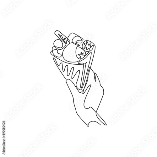 One single line drawing of fresh delicious crispy crepes with wafer stick on hand vector illustration. Sweet snack fast food cafe menu and restaurant badge concept. Modern continuous line draw design