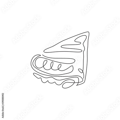 Single continuous line drawing of stylized crispy crepes with syrup,  sauce chocolate stuffing logo label. Sweet snack restaurant concept. Modern one line draw design vector illustration for cafe shop